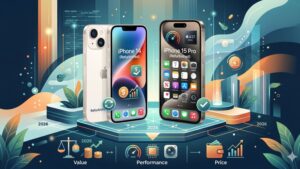 Сравнение восстановленных смартфонов iPhone 14 и 15 Pro на чистом современном фоне