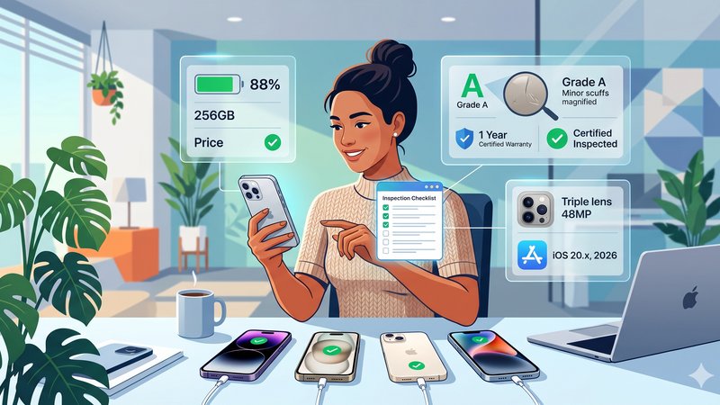 Современная иллюстрация с восстановленными смартфонами iPhone для руководства по выбору б/у устройств в 2026 году