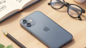 Восстановленный iPhone на рабочем столе с тетрадью и очками для эффективной учебы от Скидка Топ